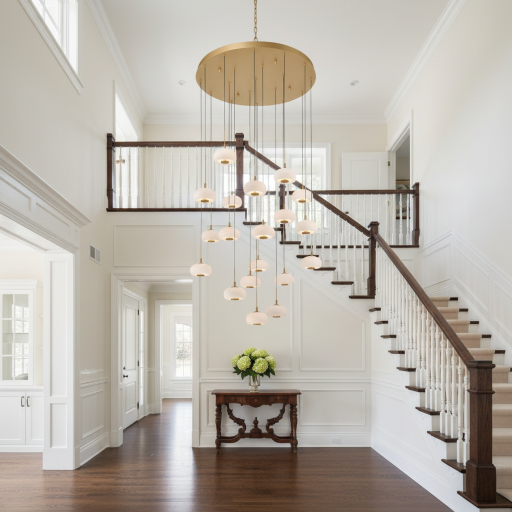 Luster Gaze AuraSphere 19-Light Round Chandelier - elegant American entryway with arched doorway
