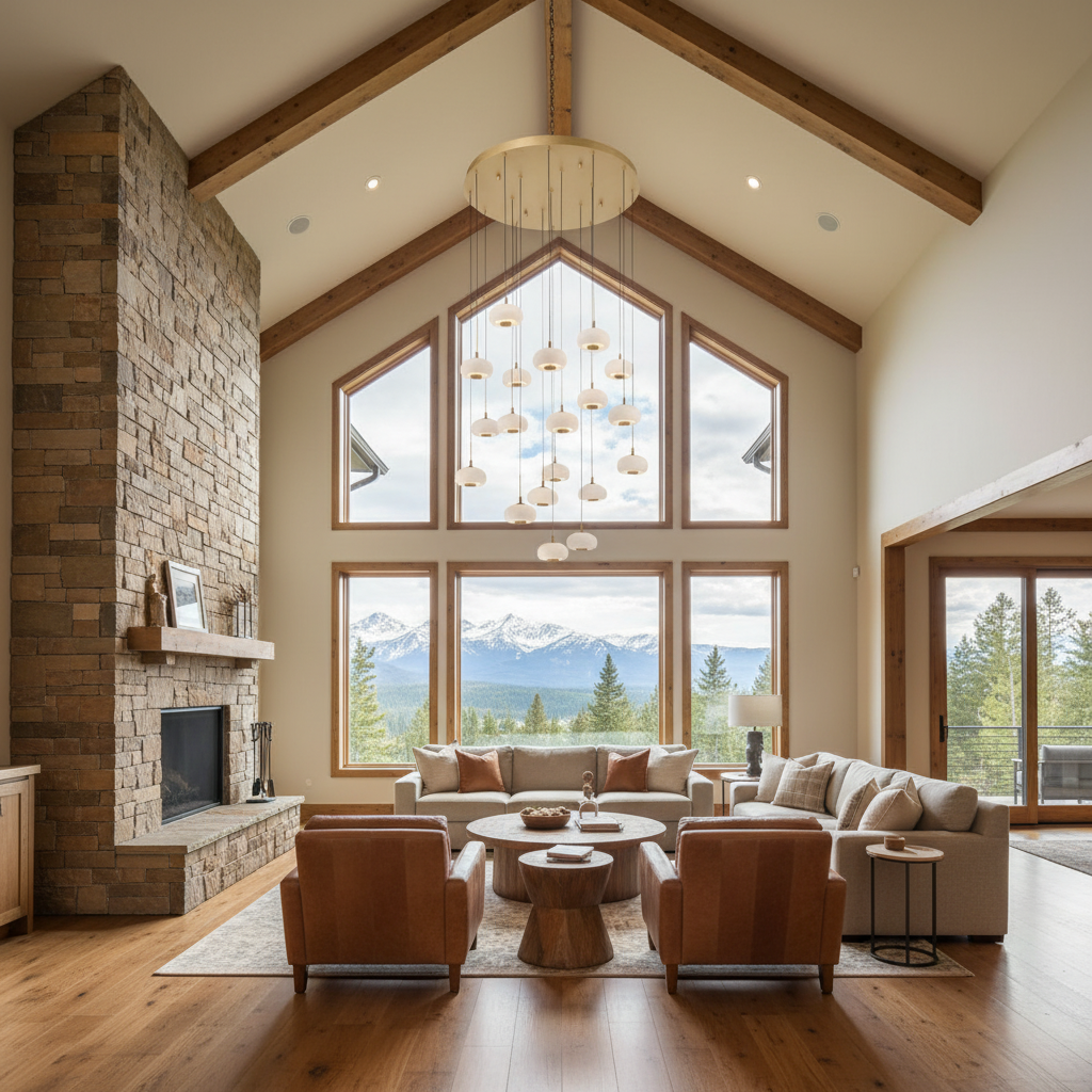 Luster Gaze AuraSphere 19-Light Round Chandelier - American transitional great room with cathedral ceiling