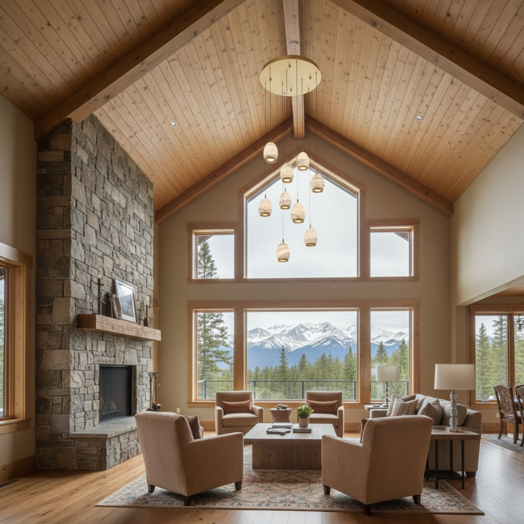 Luster Gaze Alabaster Aura Round LED Chandelier - American transitional great room with cathedral ceiling