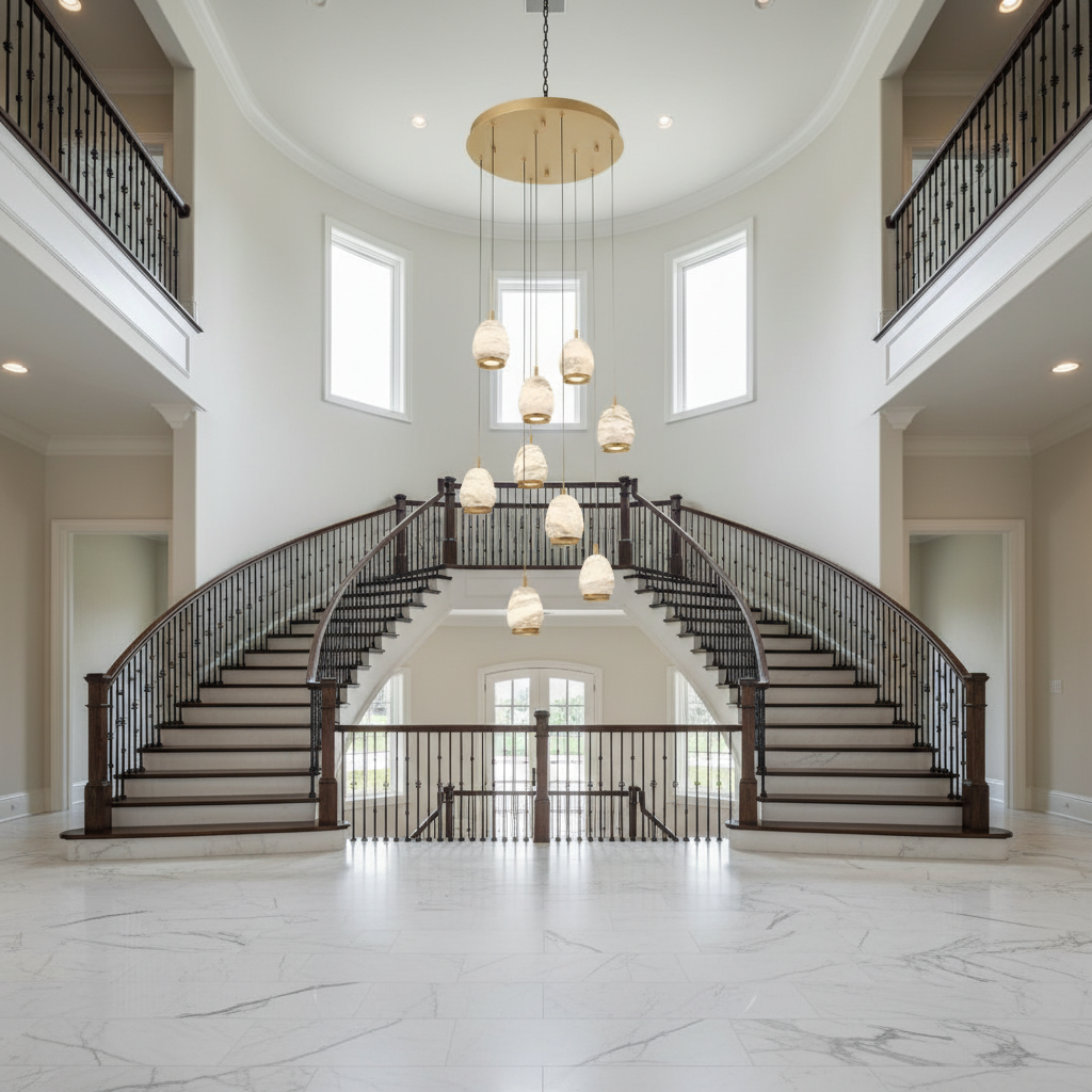 Luster Gaze Alabaster Aura Round LED Chandelier - dramatic American stairwell with soaring ceiling
