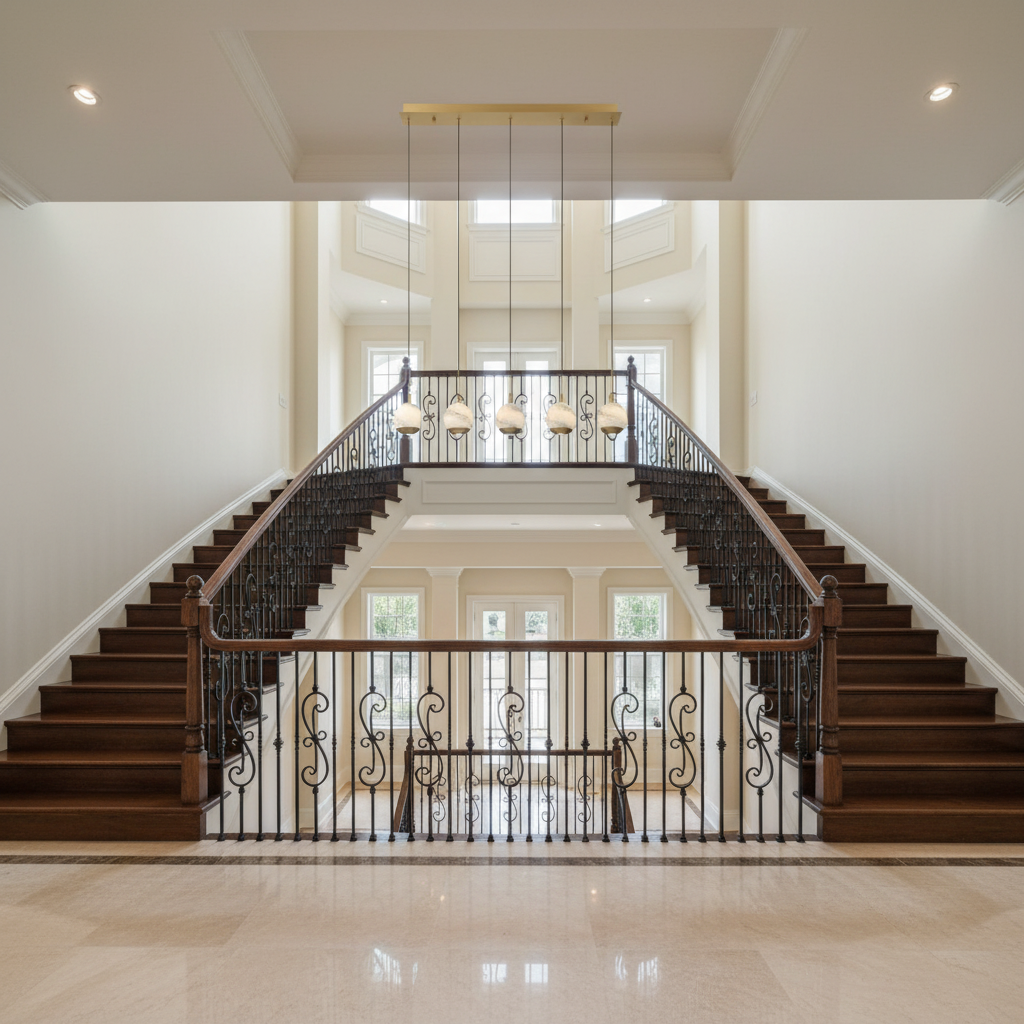 Luster Gaze Alabaster Bloom Linear LED Chandelier - dramatic American stairwell with soaring ceiling