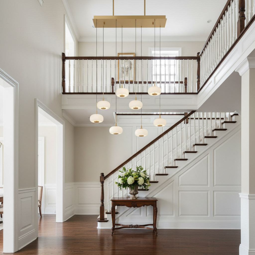 Luster Gaze Nimbus Cascade 8-Light Rectangular LED Chandelier - elegant American entryway with arched doorway