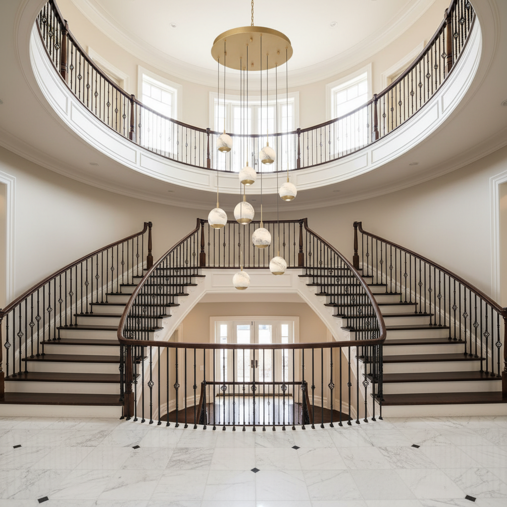 Luster Gaze Kimma Lights Round LED Chandelier - dramatic American stairwell with soaring ceiling