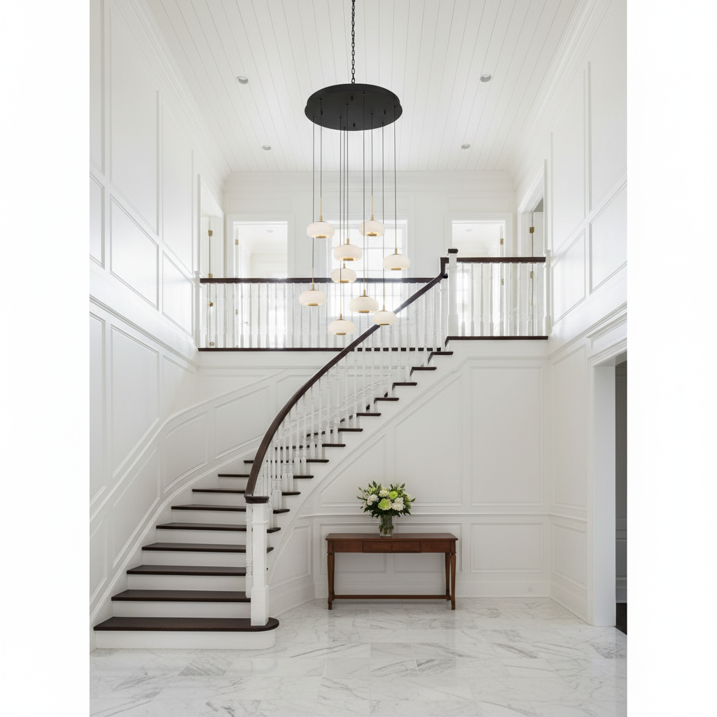 Luster Gaze Celestial Orb 9-Light Round LED Chandelier - elegant American entryway with arched doorway