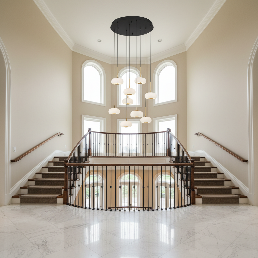 Luster Gaze Lanterns 9 Light Round LED Chandelier - dramatic American stairwell with soaring ceiling