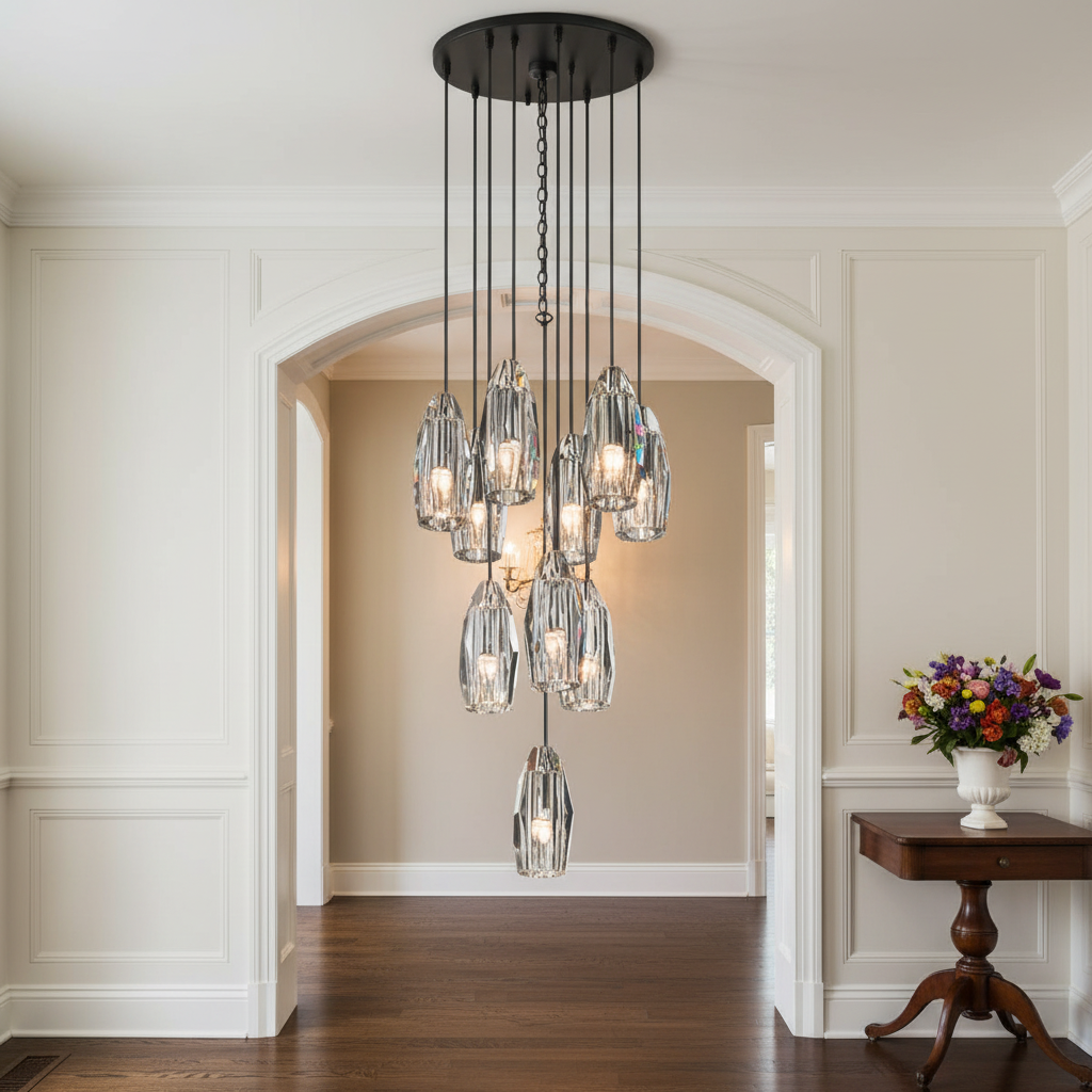 Luster Gaze Radiant Aura Circular Chandelier - elegant American entryway with arched doorway