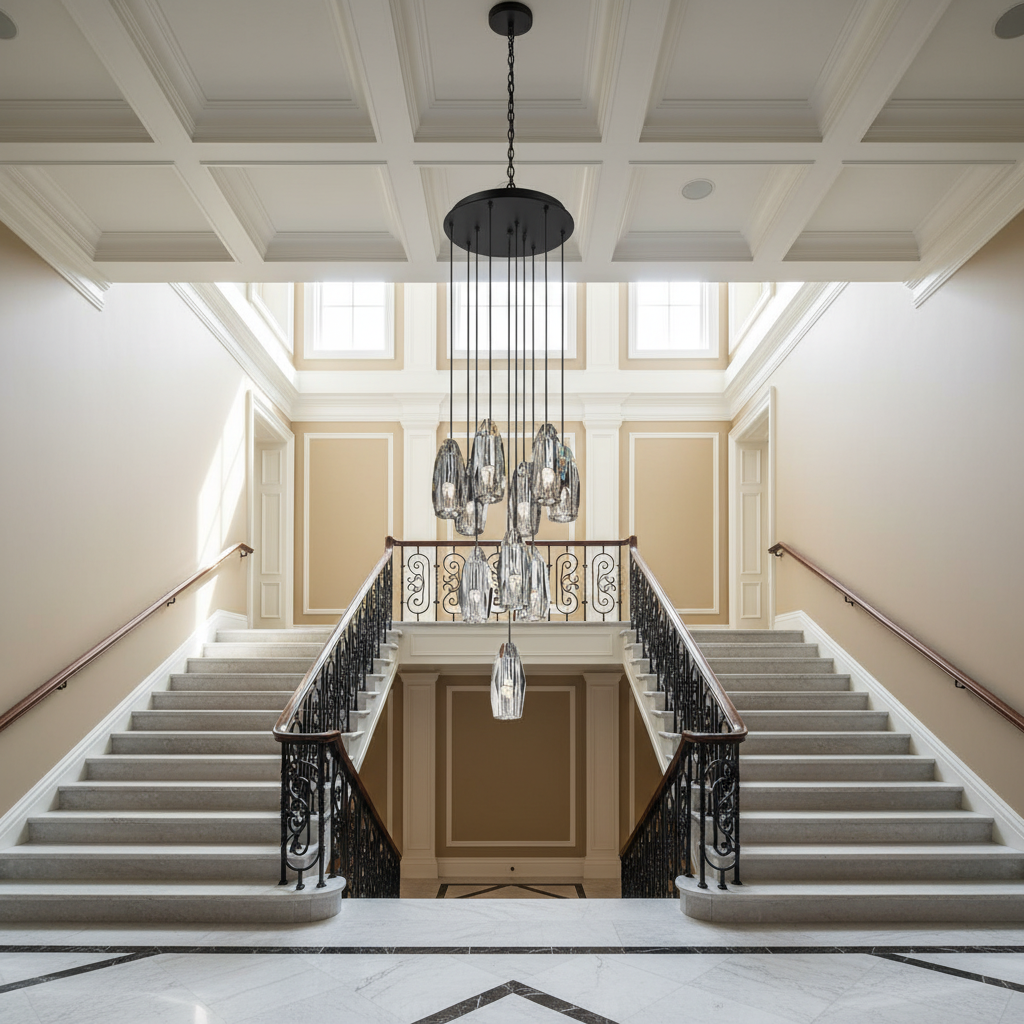 Luster Gaze Radiant Aura Circular Chandelier - dramatic American stairwell with soaring ceiling