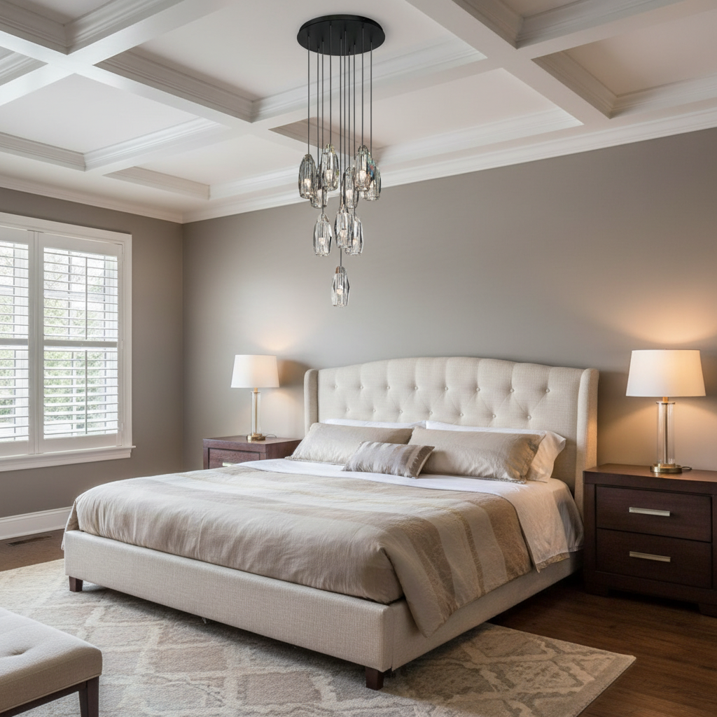 Luster Gaze Chapt Circular Chandelier - American master bedroom with coffered ceiling