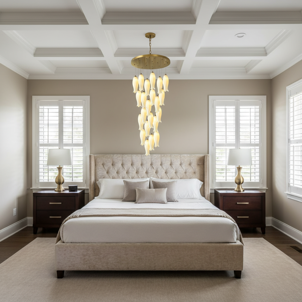Luster Gaze Porcelain Petal Grand Cascade Chandelier - American master bedroom with coffered ceiling