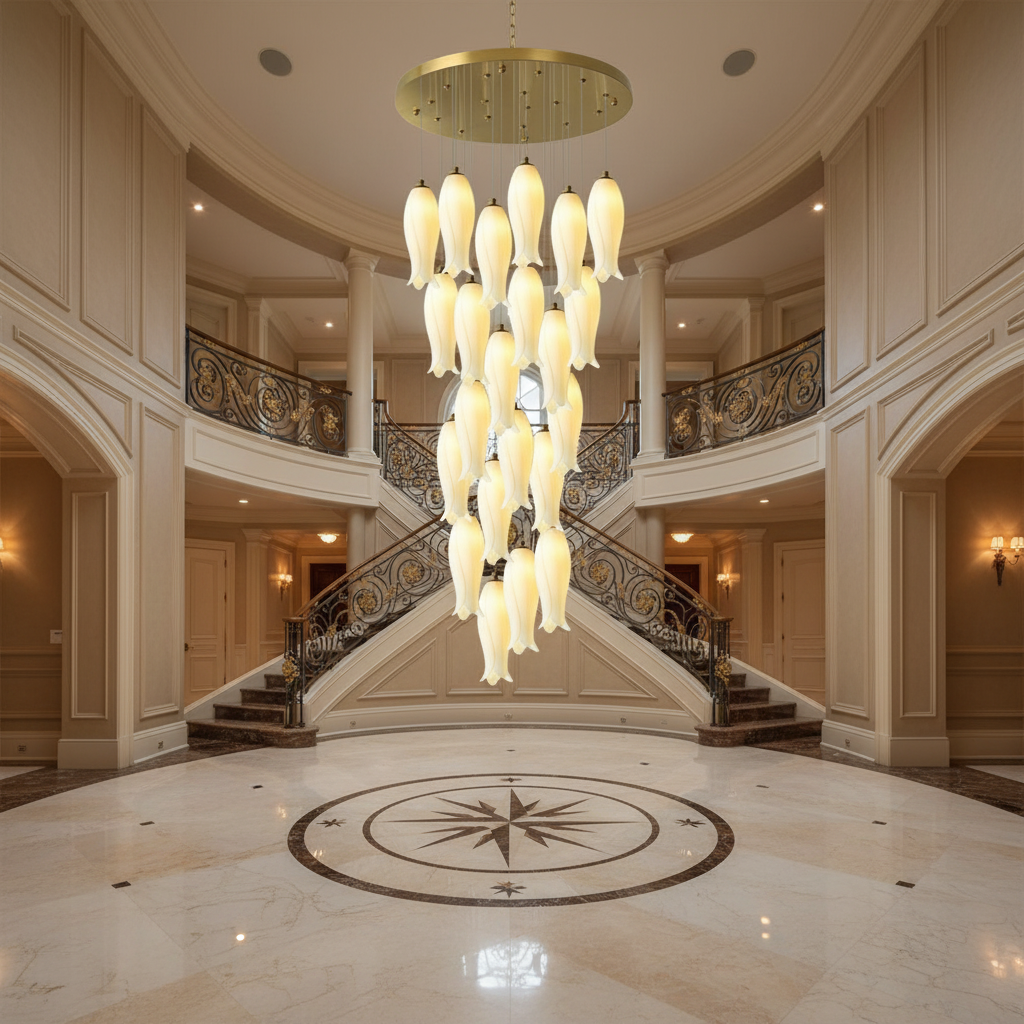Luster Gaze Porcelain Petal Grand Cascade Chandelier - grand American foyer with two-story ceiling