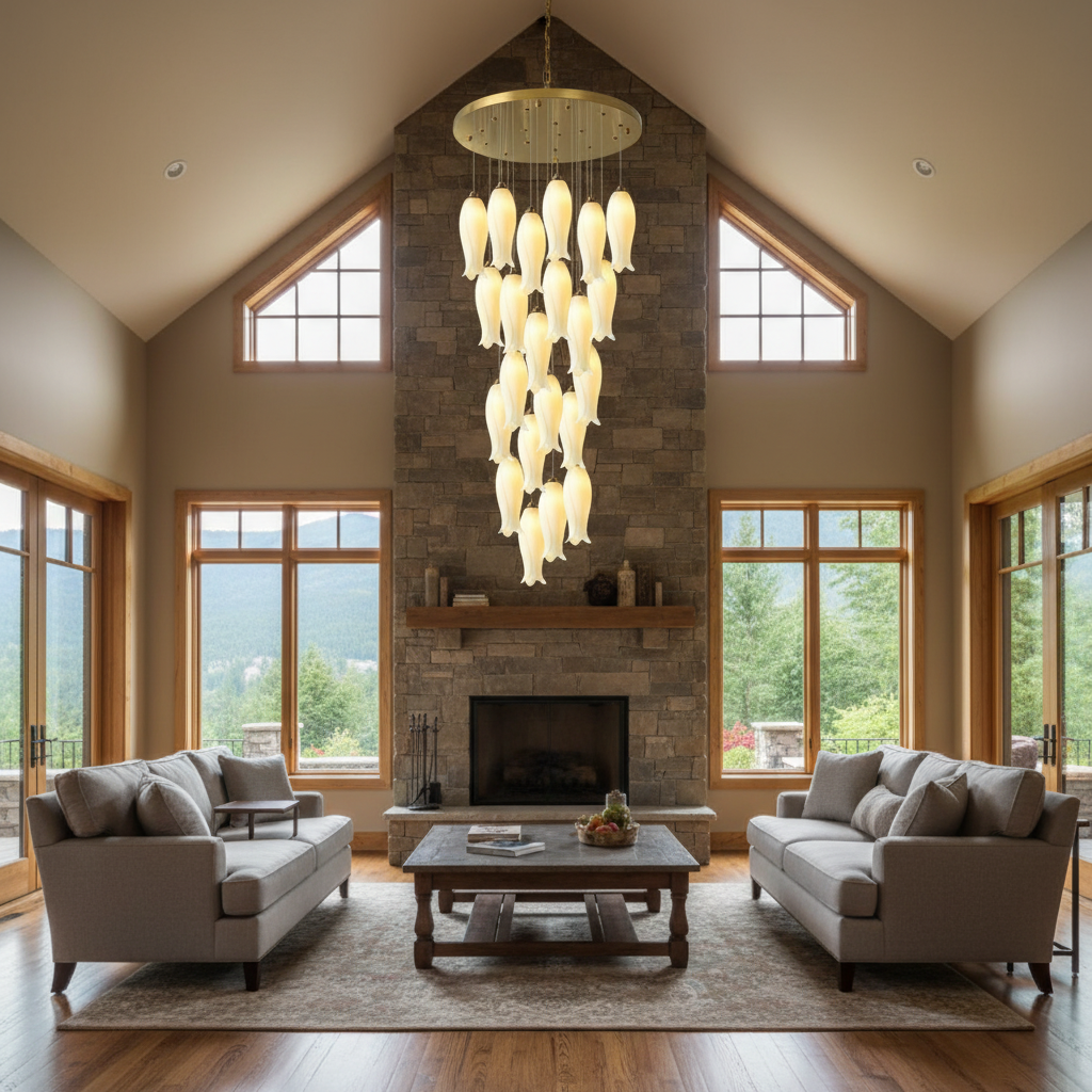 Luster Gaze Porcelain Petal Grand Cascade Chandelier - American transitional great room with cathedral ceiling