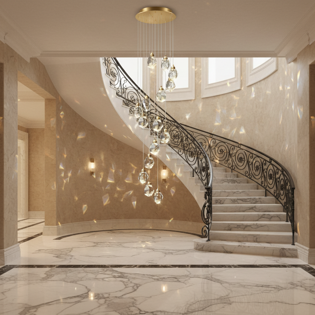 Luster Gaze Radiant Cascade Crystal Chandelier - dramatic American stairwell with soaring ceiling