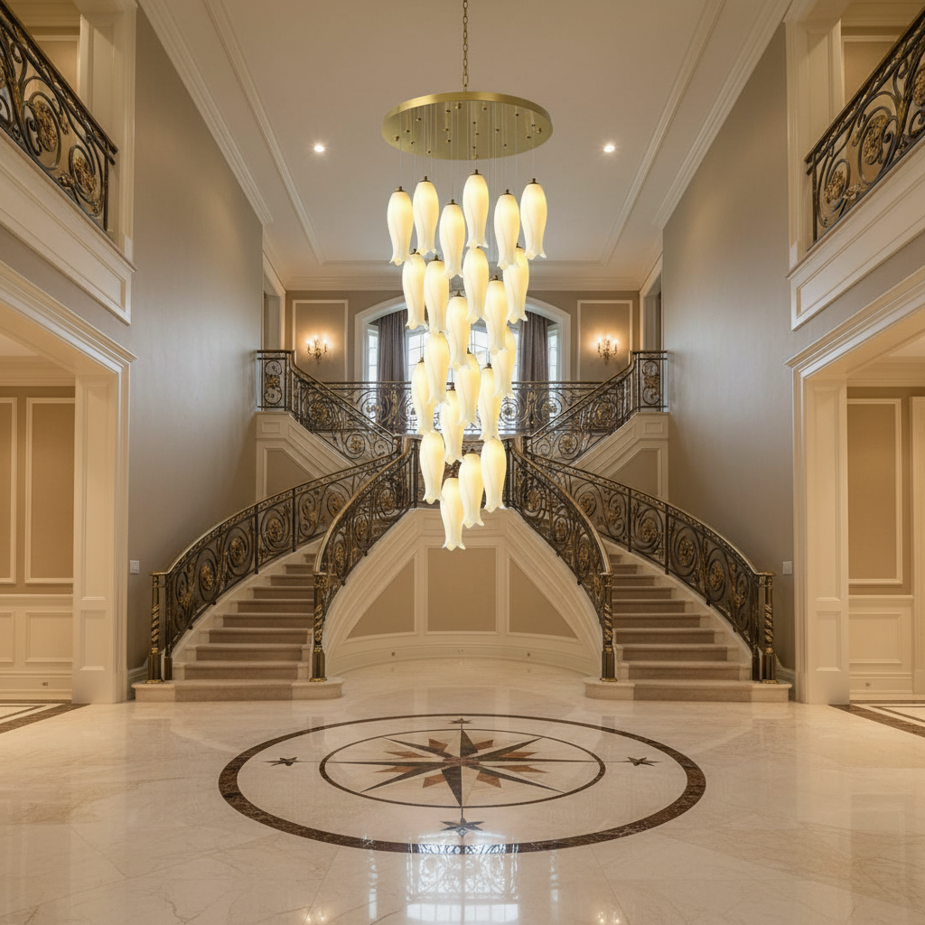 Luster Gaze  Luma Flora Stairs Chandelier - grand American foyer with two-story ceiling