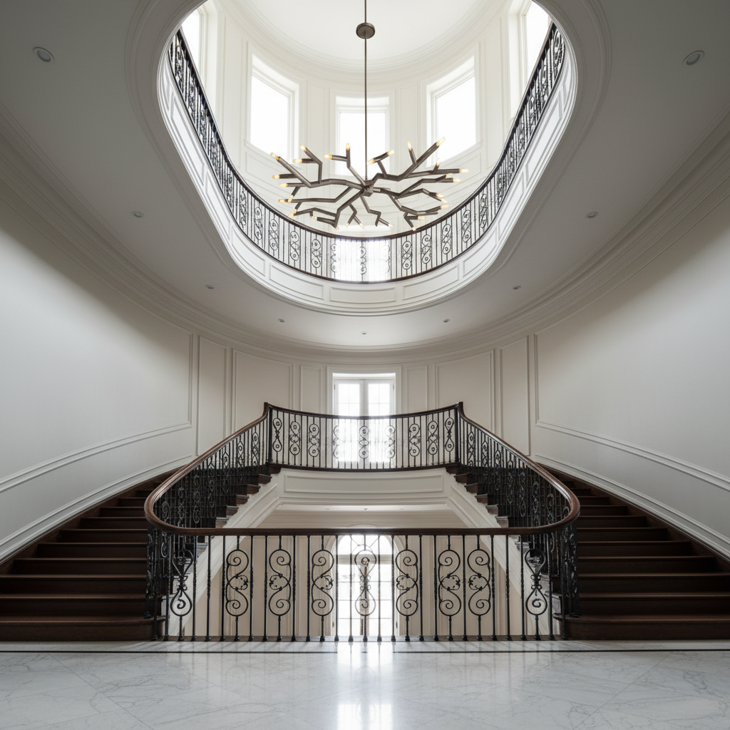 Luster Gaze Veridian Bloom Circular Chandelier - dramatic American stairwell with soaring ceiling