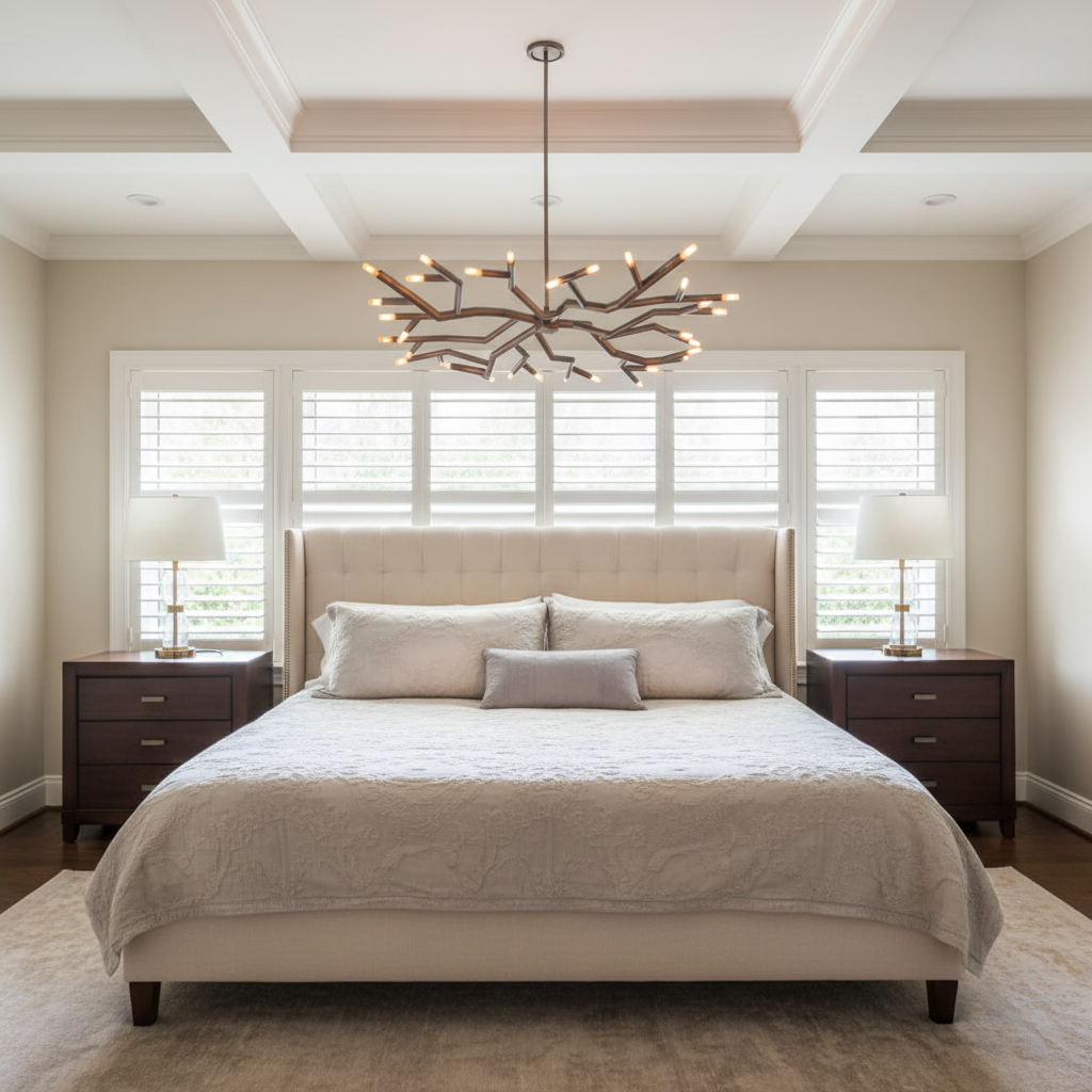 Luster Gaze Veridian Bloom Circular Chandelier - American master bedroom with coffered ceiling