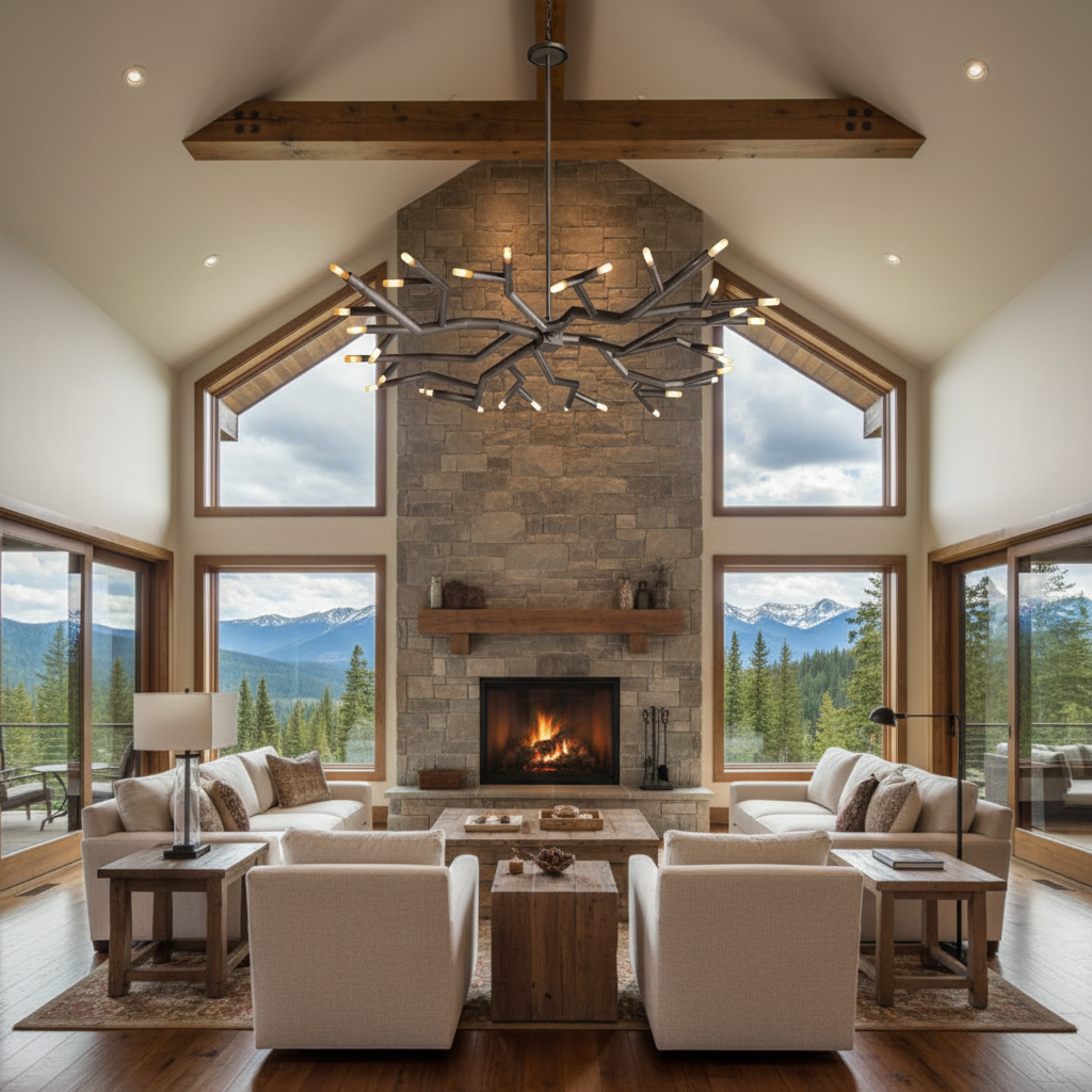 Luster Gaze Veridian Bloom Circular Chandelier - American transitional great room with cathedral ceiling