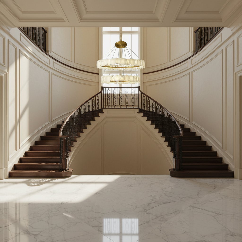 Luster Gaze Alabaster Aura Multi-Tier Round Chandelier - dramatic American stairwell with soaring ceiling