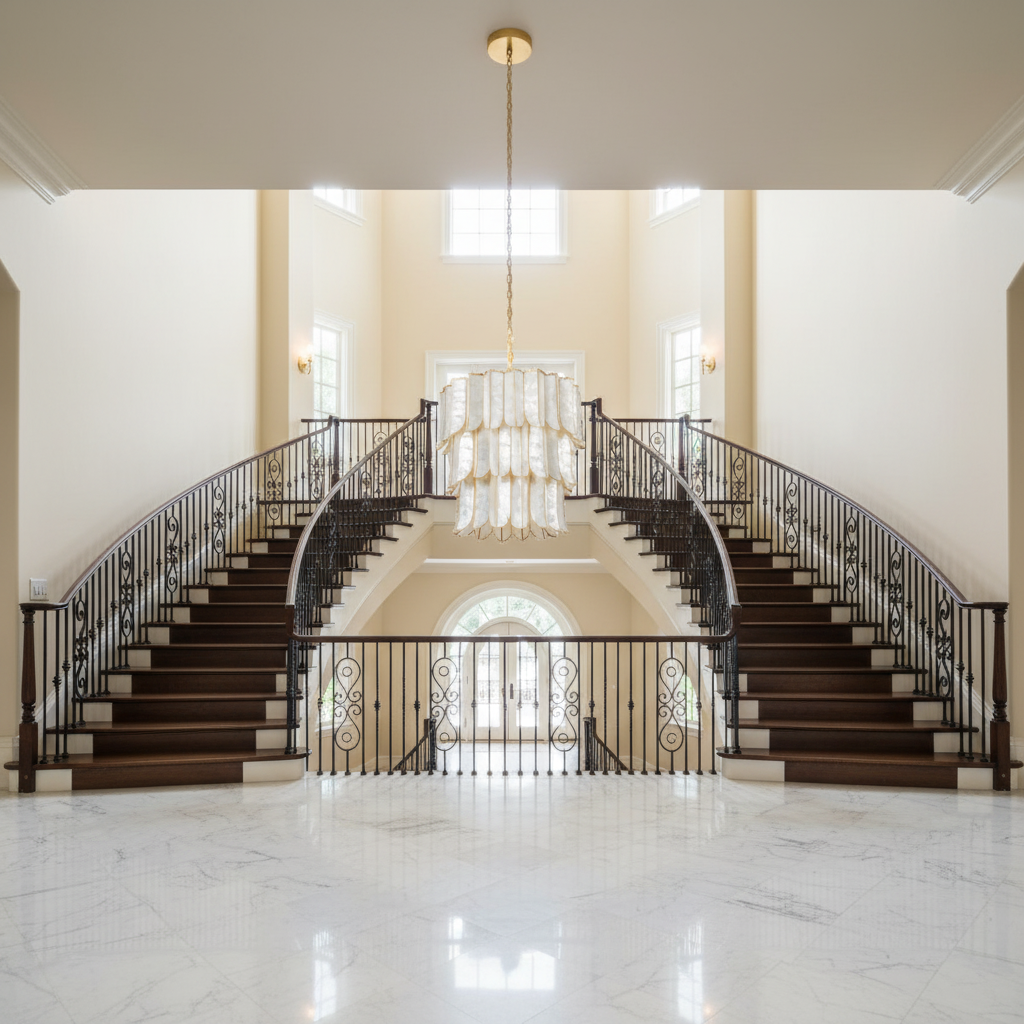 Luster Gaze Capiz Bloom Vintage Gold Leaf Chandelier - dramatic American stairwell with soaring ceiling