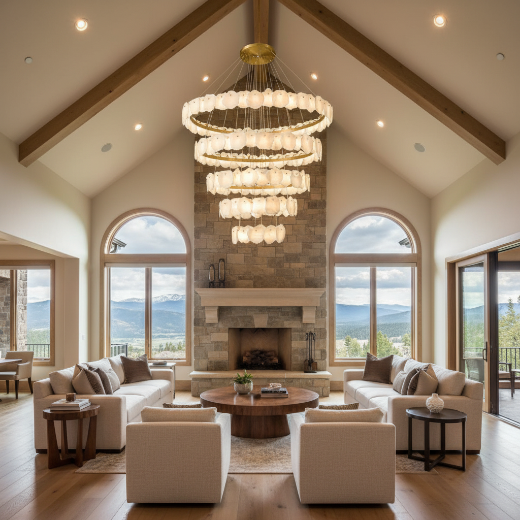 Luster Gaze Aura Tiered Circular Alabaster Chandelier - luxury American great room with cathedral ceiling