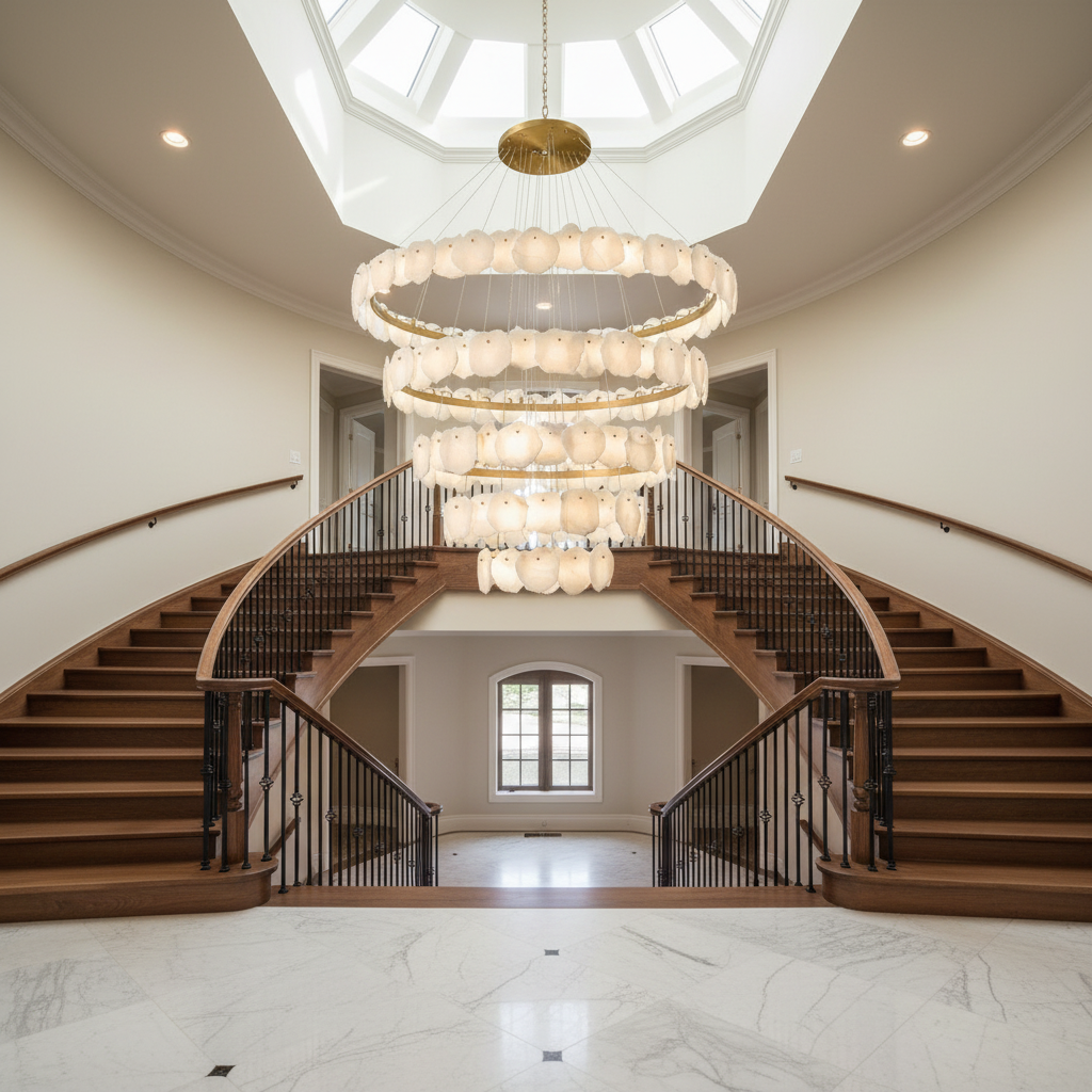 Luster Gaze Aura Tiered Circular Alabaster Chandelier - dramatic American stairwell with three-story void