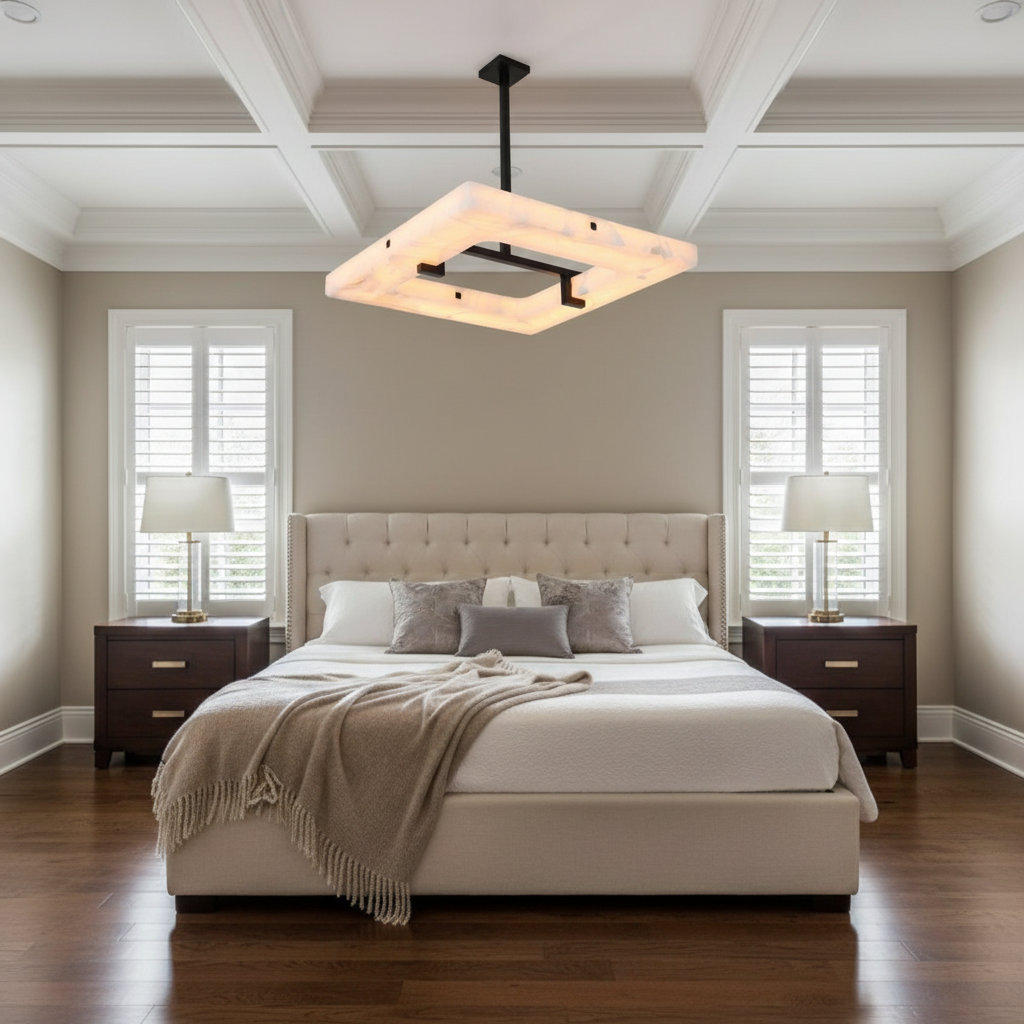 Luster Gaze Alabaster Square Radiance Chandelier - American master bedroom with coffered ceiling