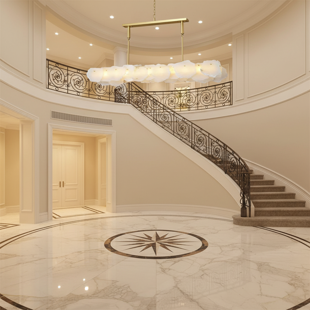 Luster Gaze Veridian Oval Alabaster Chandelier - grand American foyer with two-story ceiling
