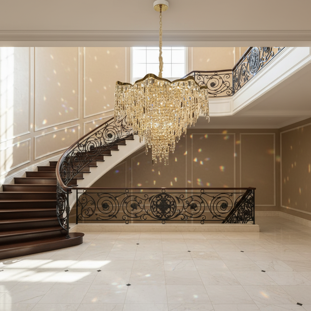 Luster Gaze Radiant Aura Round Crystal Chandelier - dramatic American stairwell with soaring ceiling