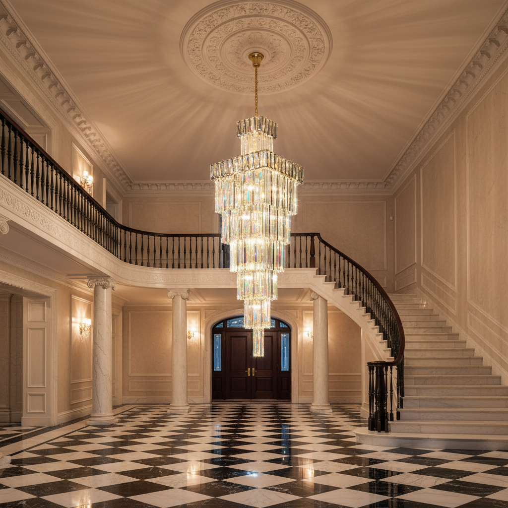 Luster Gaze Grand Vertical K9 Crystal Staircase Chandelier - grand American estate foyer