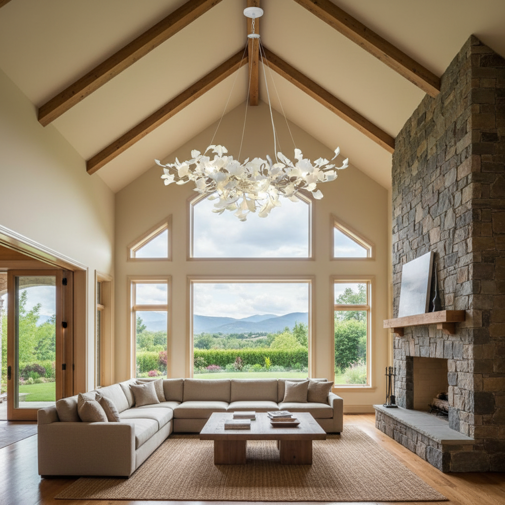 Luster Gaze Ginkgo Bloom Ceramic Chandelier - American transitional great room with cathedral ceiling