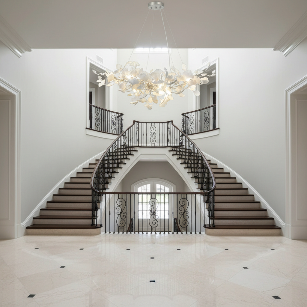 Luster Gaze Ginkgo Bloom Ceramic Chandelier - dramatic American stairwell with soaring ceiling
