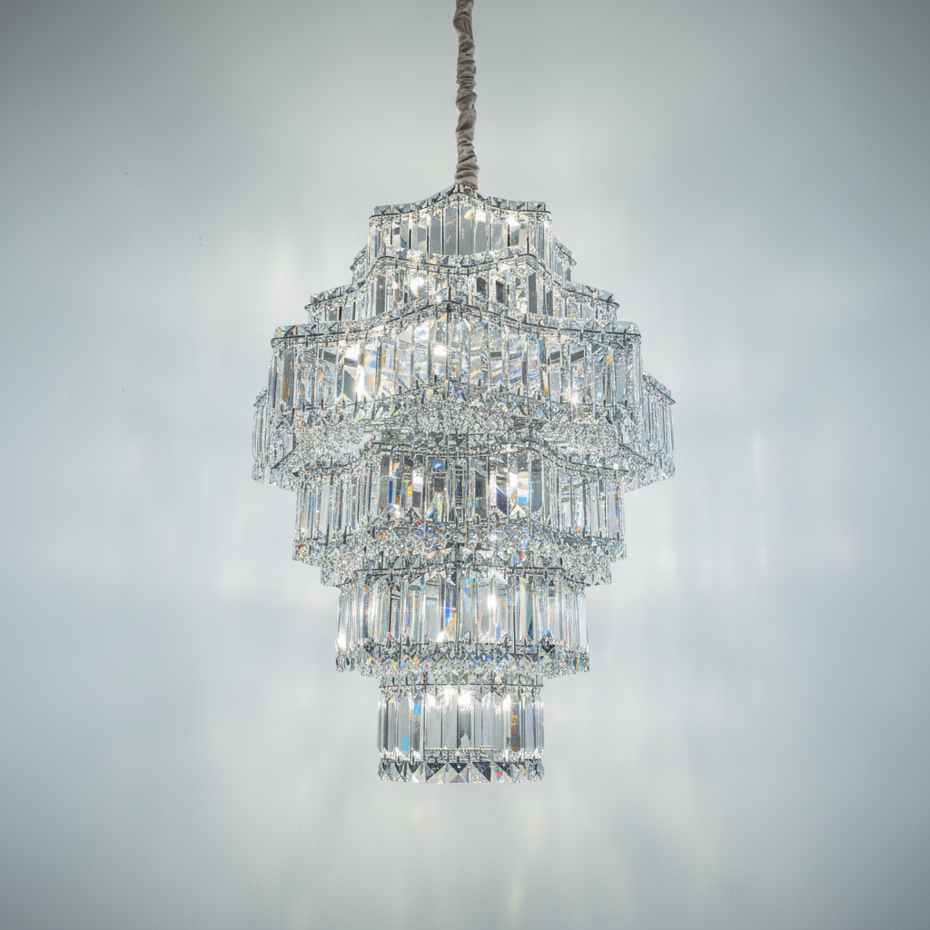 Luster Gaze Extra Large Plaza Hall Multi-Tier Crystal Chandelier Foyer Living Room Staircase Ceiling Lighting Fixture In Chrome/ Silver Finish - Studio Shot