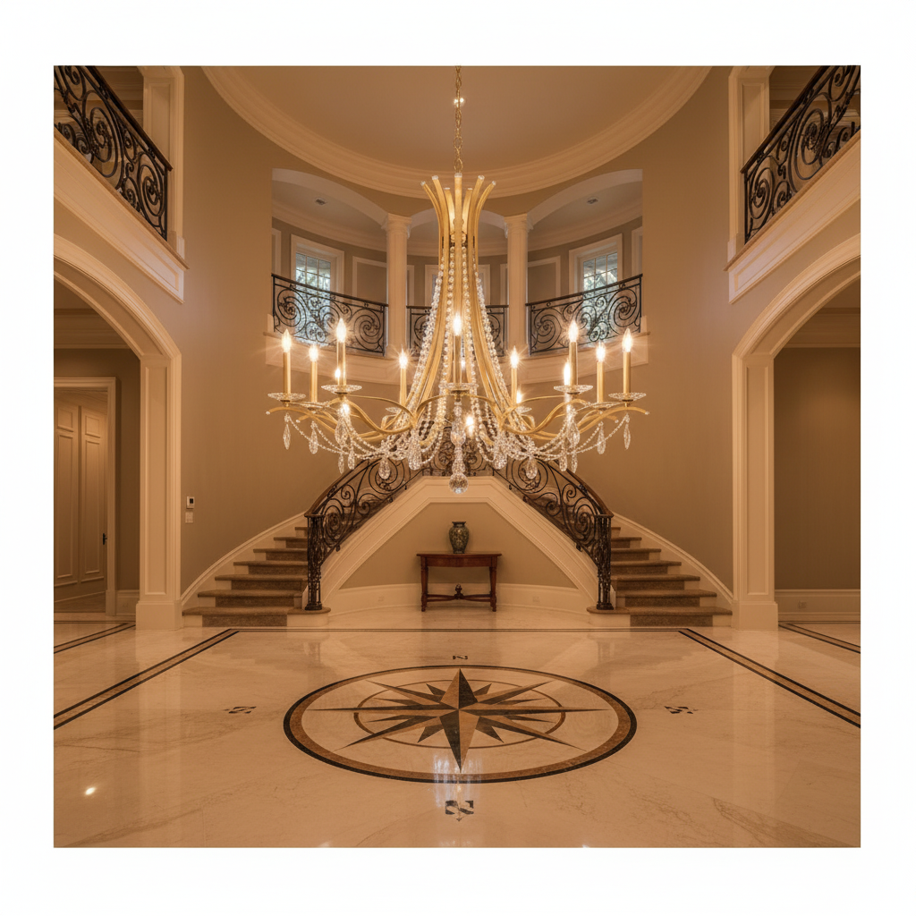 Luster Gaze Veridian Bloom Round Chandelier - grand American foyer with two-story ceiling