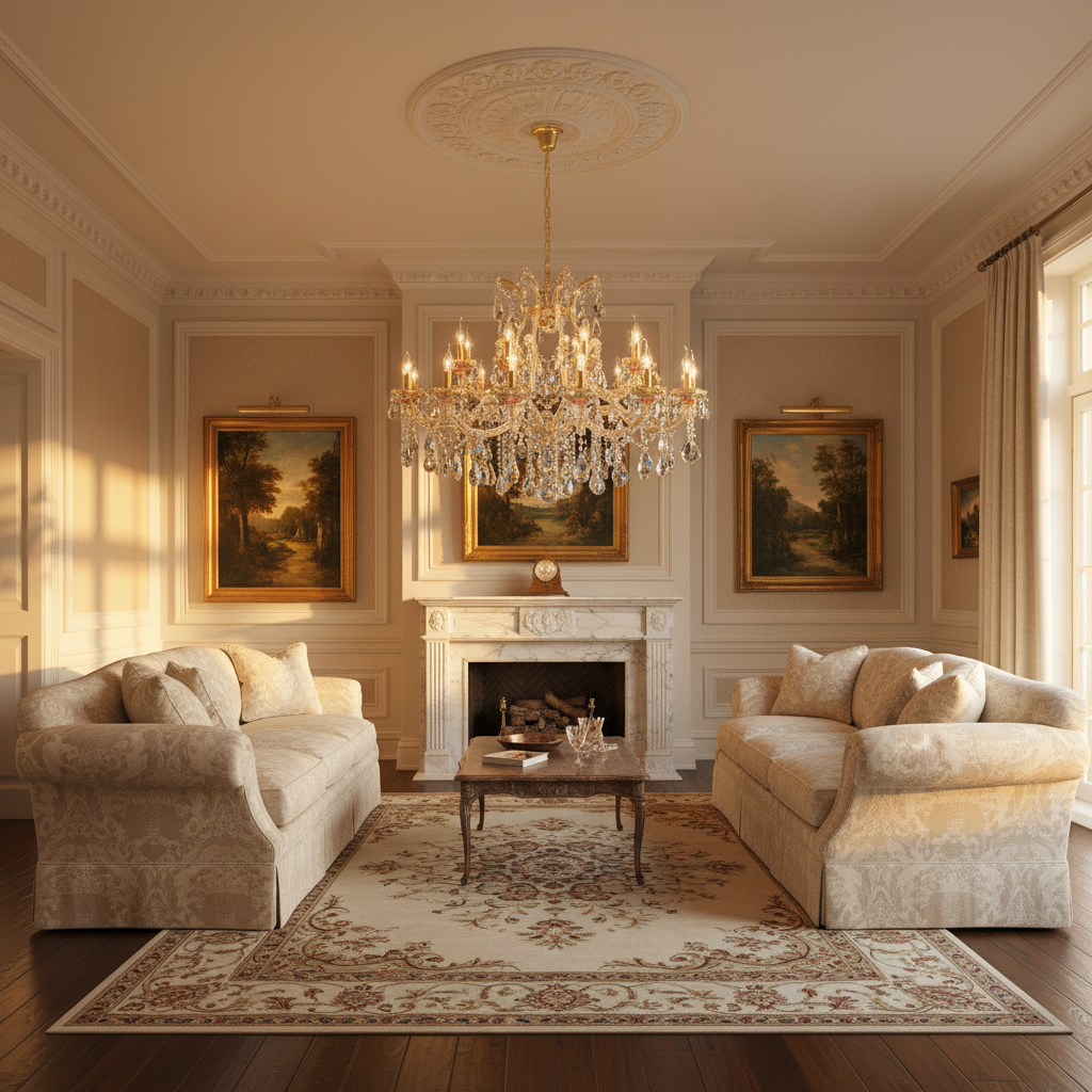 Luster Gaze Regal Bloom Gold Crystal Chandelier - American formal living room with 12-foot ceilings
