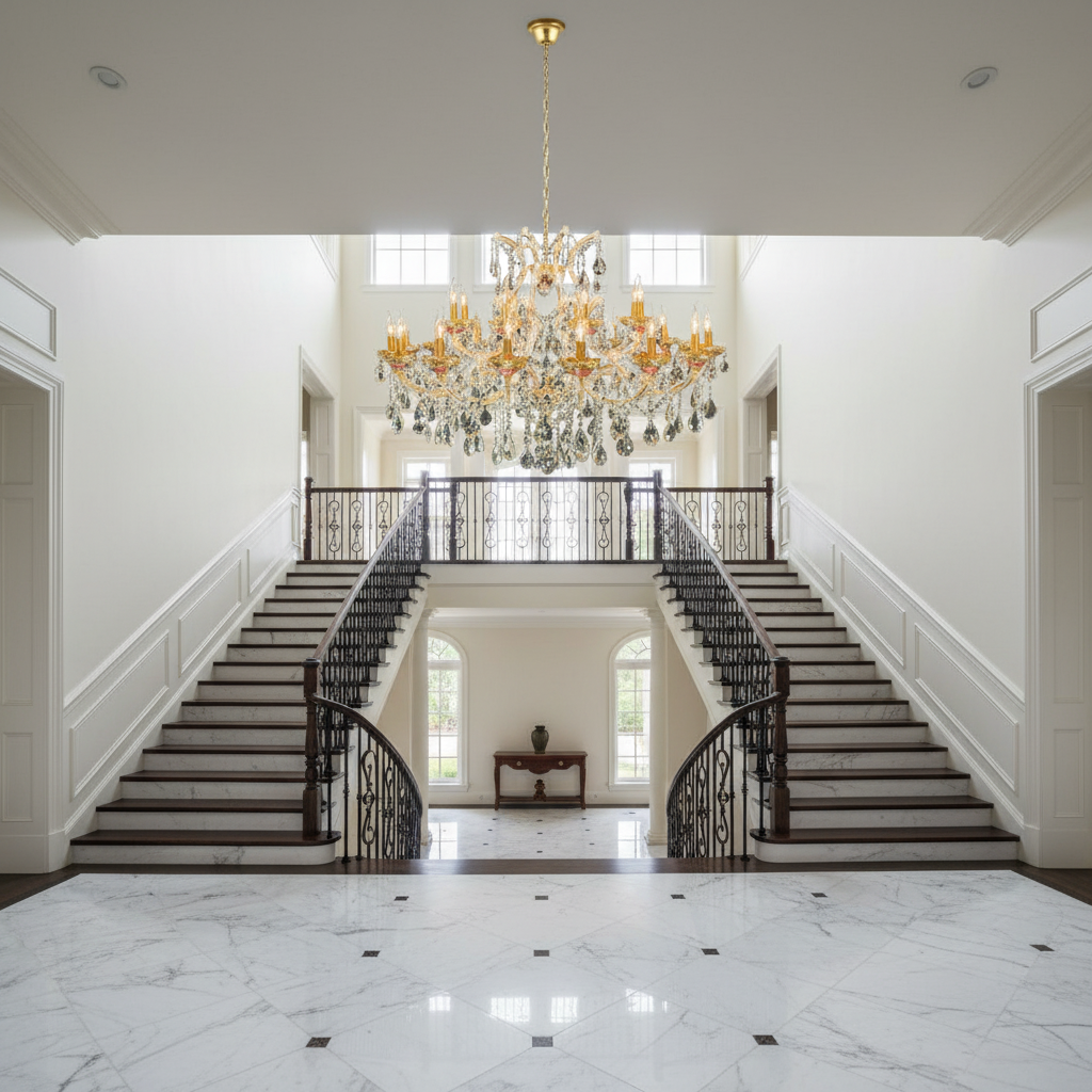 Luster Gaze Regal Bloom Gold Crystal Chandelier - dramatic American stairwell with soaring ceiling