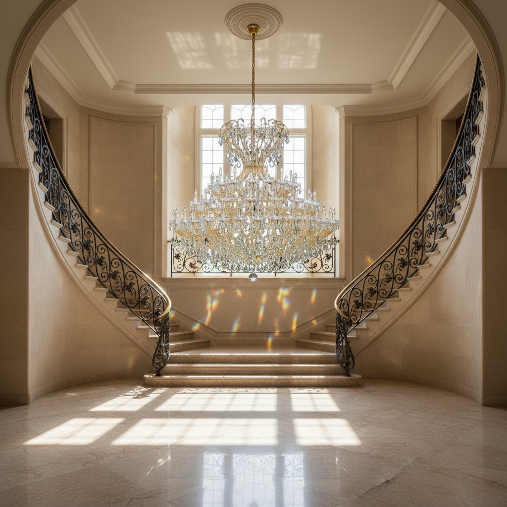 Luster Gaze Grand Empire Crystal Candle Branch Chandelier - dramatic American stairwell with soaring ceiling