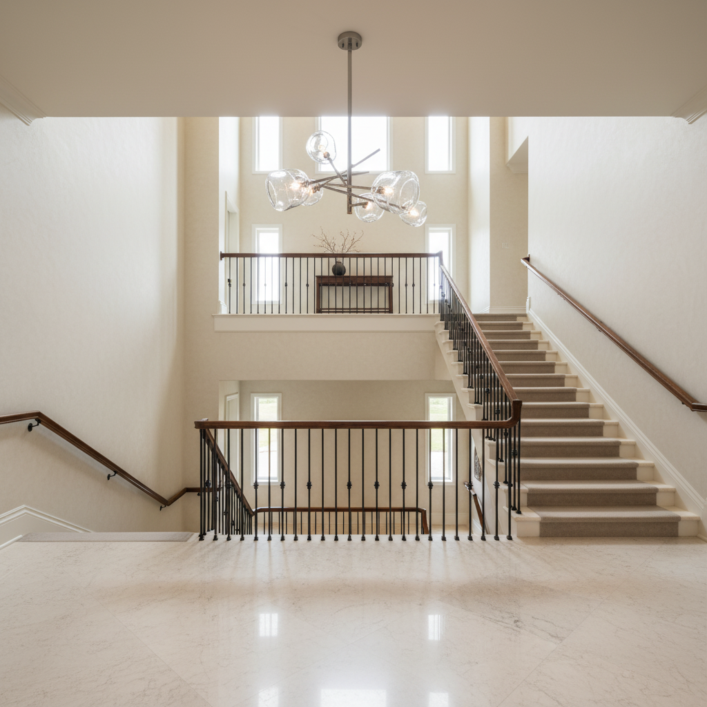 Luster Gaze Lumelle Chandelier - dramatic American stairwell with soaring ceiling