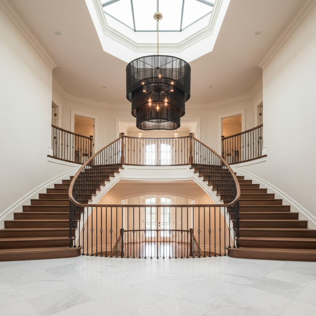Luster Gaze Ebony Rattan Grand Tiered Chandelier - dramatic American stairwell with three-story void
