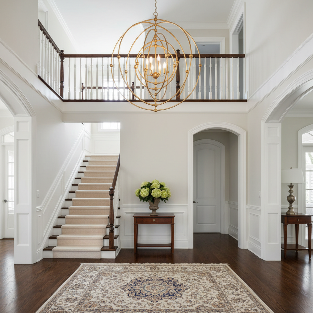 Luster Gaze Aura Sphere Grand Chandelier - elegant American entryway with arched doorway