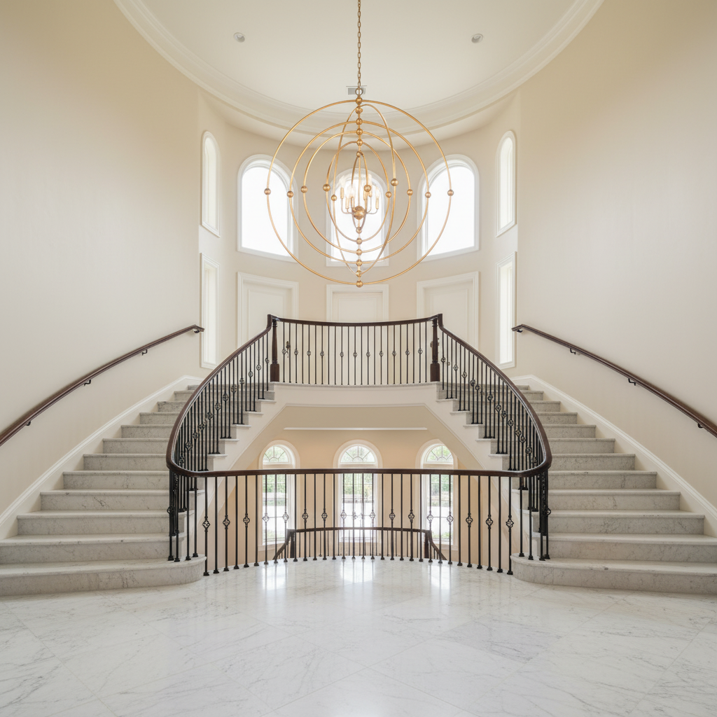 Luster Gaze Solivra Chandelier Sphere - dramatic American stairwell with soaring ceiling
