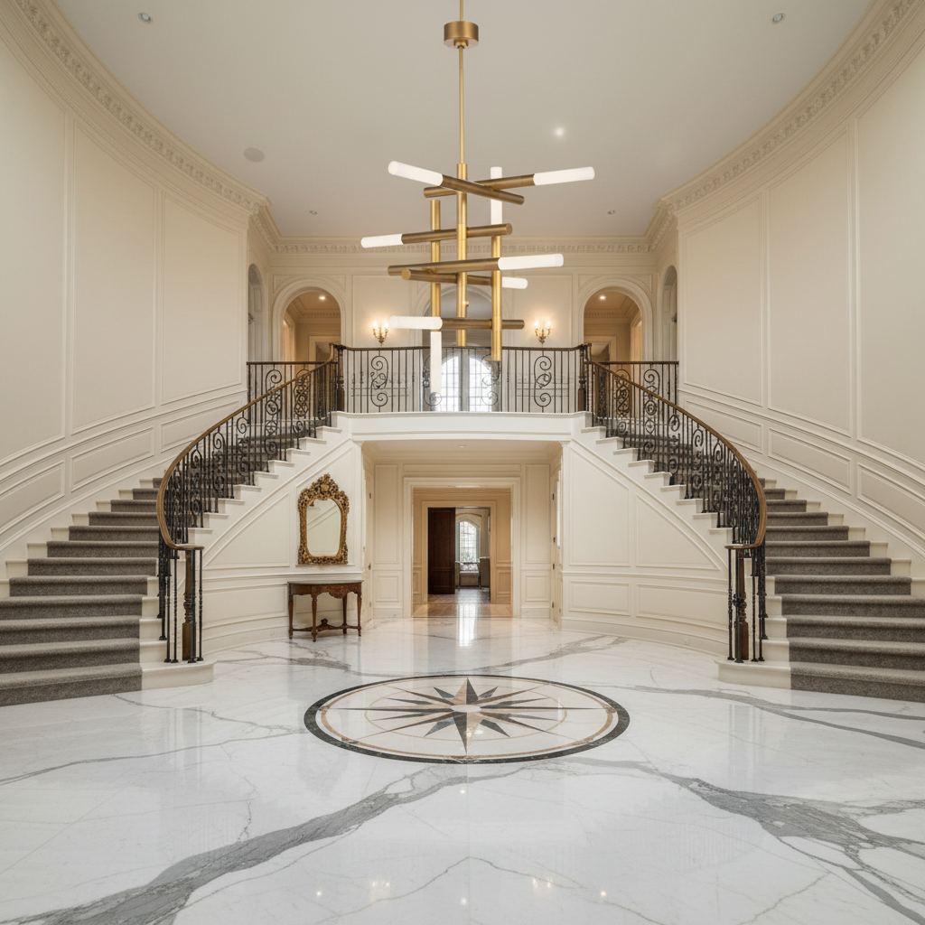 Luster Gaze Geometric Horizon Brass Chandelier - grand American foyer with two-story ceiling
