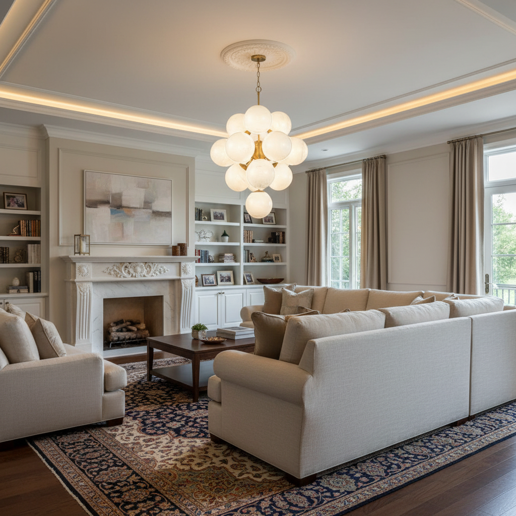 Luster Gaze Aura Swirl Glass Grand Chandelier - luxurious American living room with tray ceiling