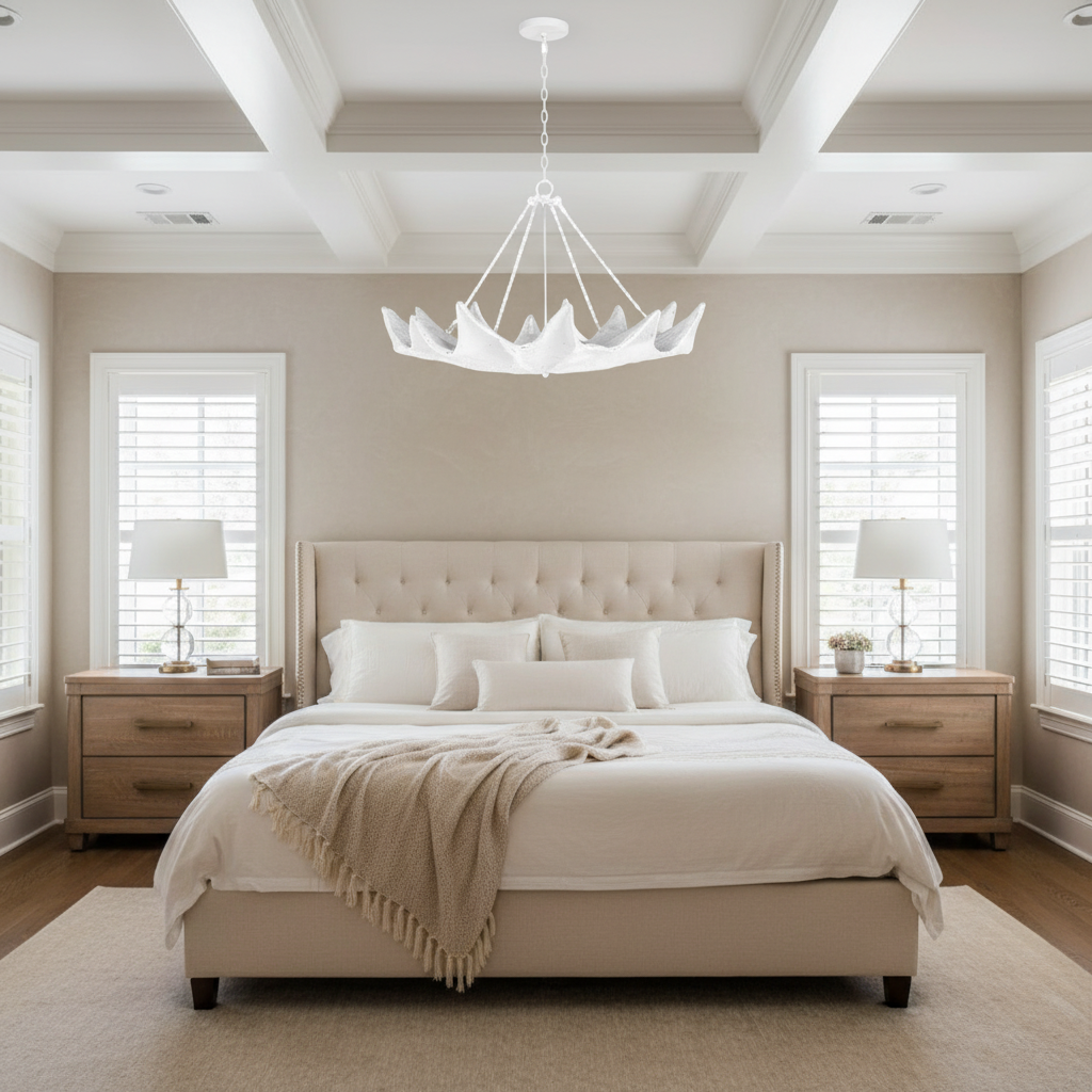 Luster Gaze Coastal Bloom Sculptural Chandelier - American master bedroom with coffered ceiling