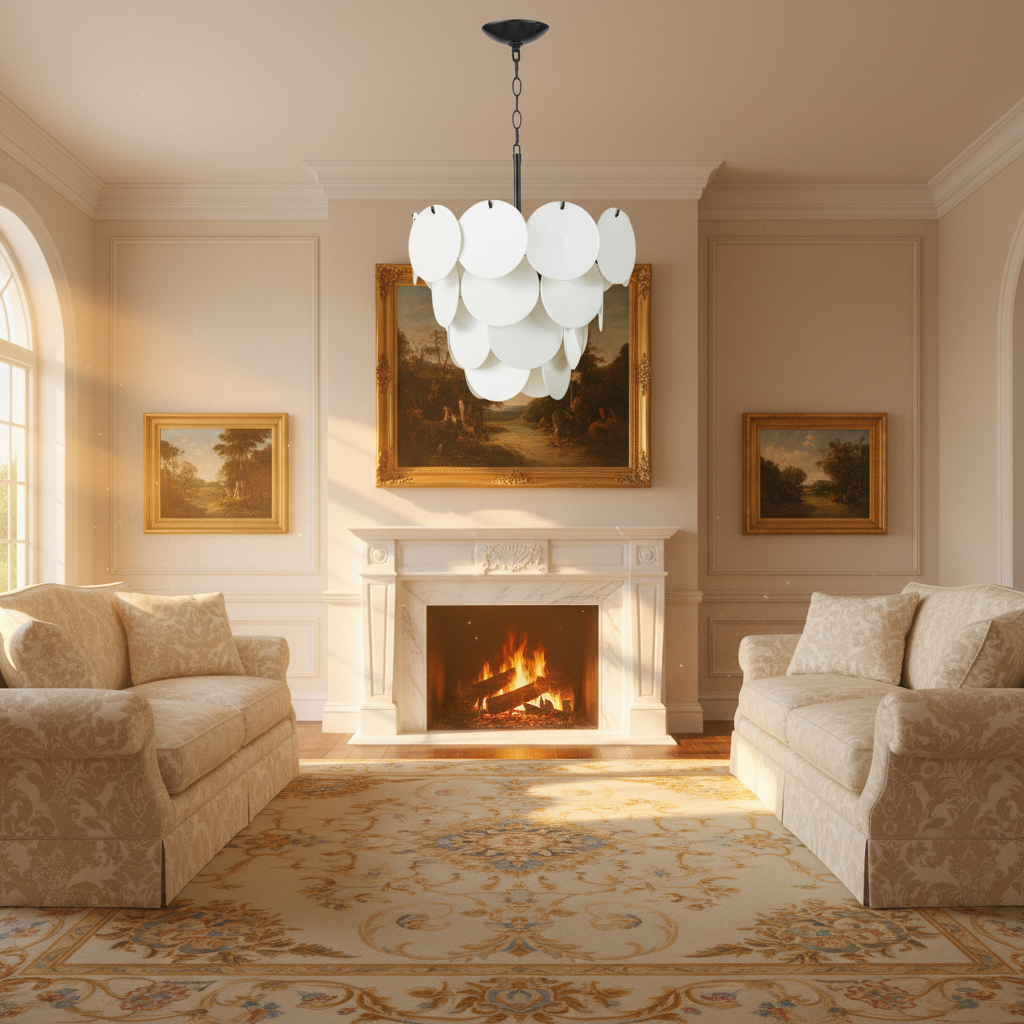 Luster Gaze Aura Cascade White Glass Chandelier - American formal living room with 12-foot ceilings