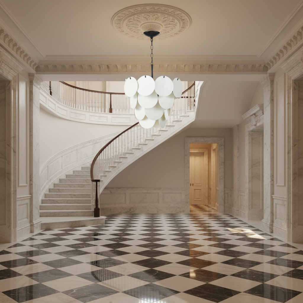 Luster Gaze Aura Cascade White Glass Chandelier - grand American estate foyer