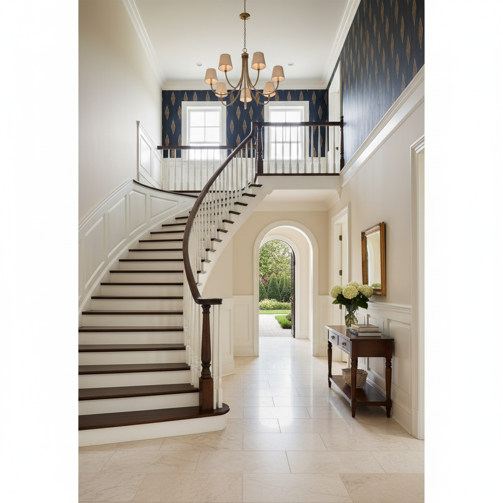 Luster Gaze Tidelle Chandelier - elegant American entryway with arched doorway