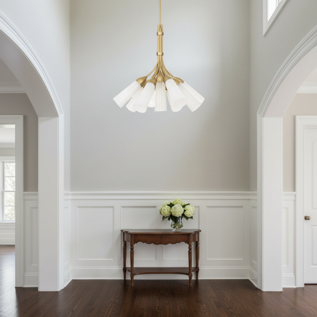 Luster Gaze Veridian Bloom 9-Light Chandelier - elegant American entryway with arched doorway