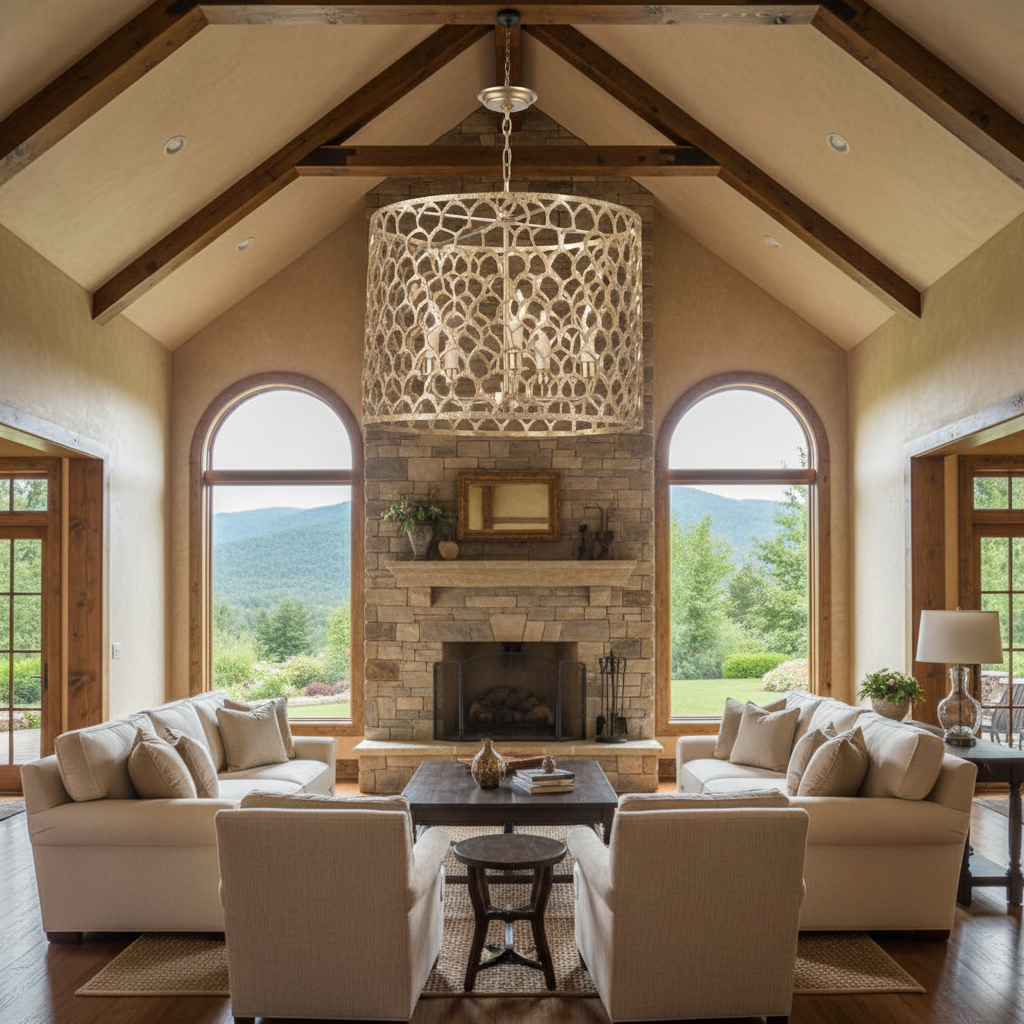 Luster Gaze Radiant Brass Ethereal Chandelier - American transitional great room with cathedral ceiling