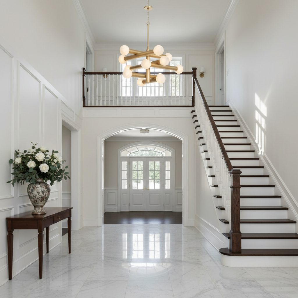 Luster Gaze Aura Grandeur Alabaster-Like Chandelier - elegant American entryway with arched doorway