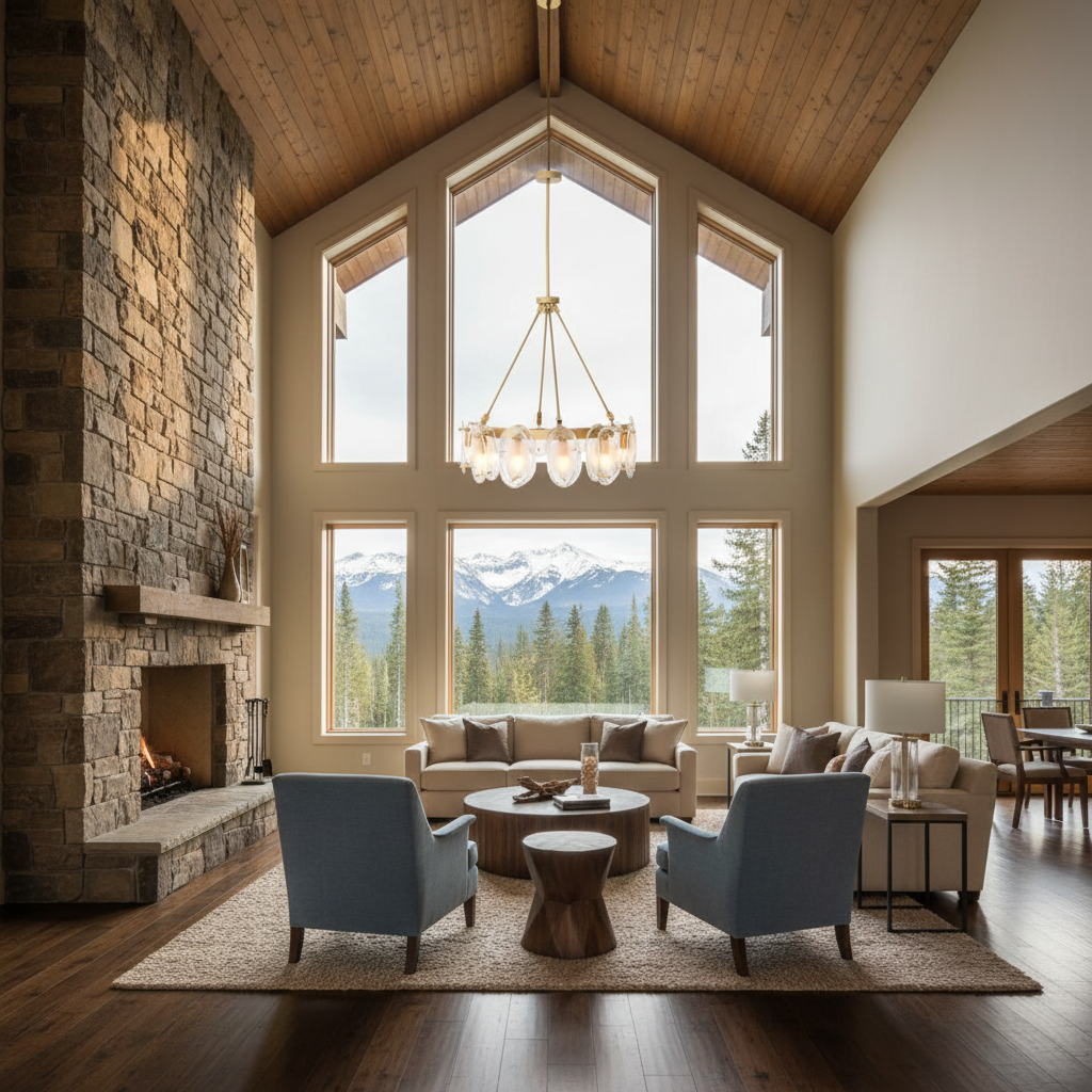 Luster Gaze Sublime 12 - Light Chandelier - American transitional great room with cathedral ceiling