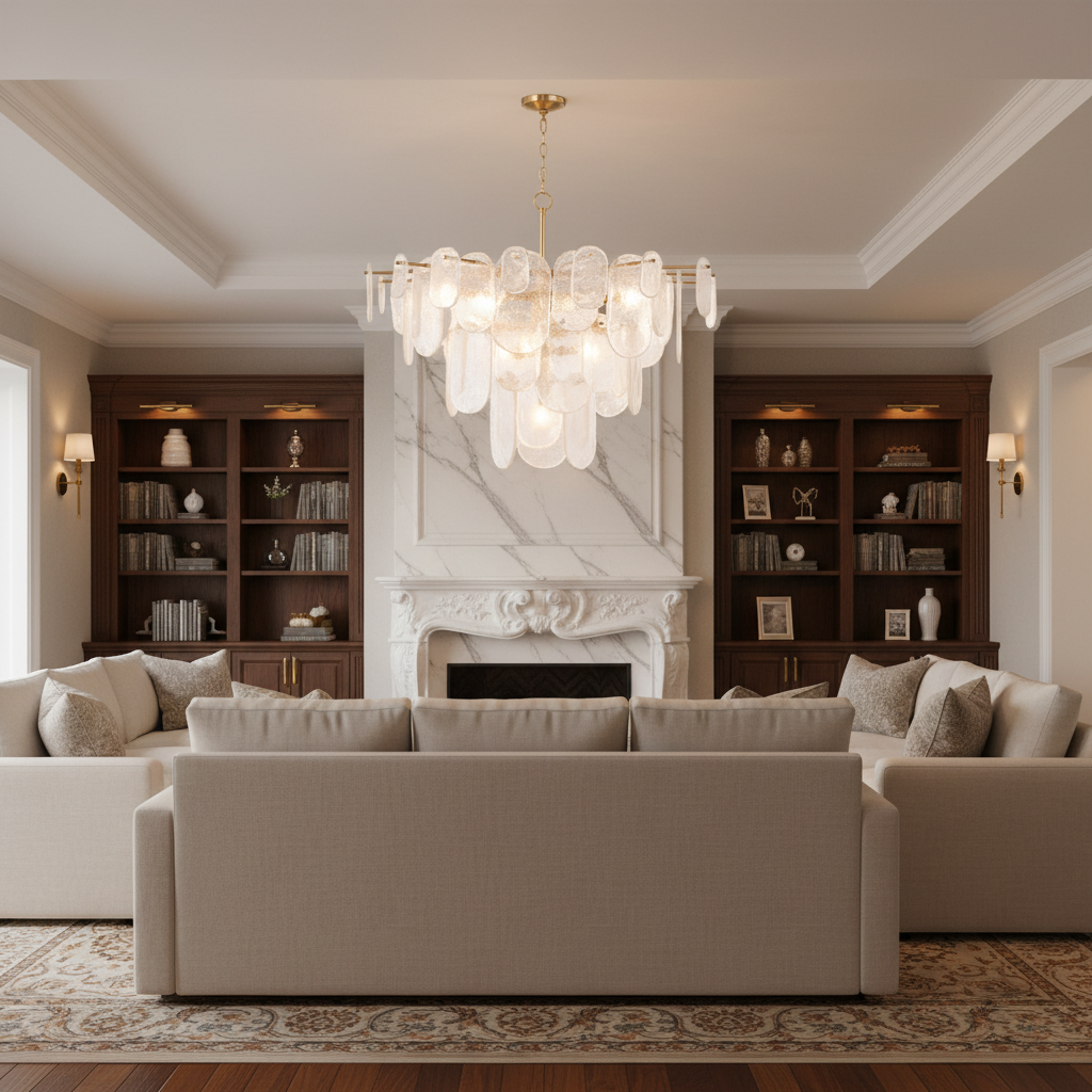 Luster Gaze Radiant Cascade Polished Nickel Chandelier - luxurious American living room with tray ceiling
